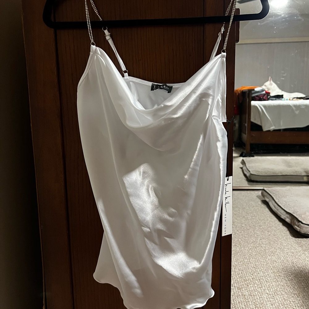 White satin tank with crystal straps